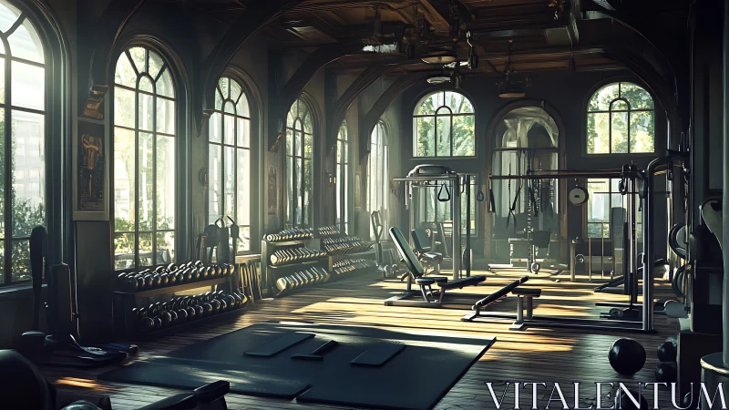 Sunlit vintage gym interior blends elegance and strength training.