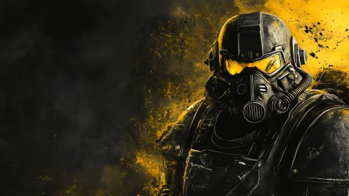 Armored soldier stands against vivid yellow battlefield haze