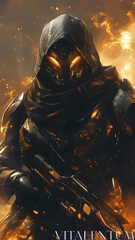 Hooded armored figure with glowing visor in fiery environment.