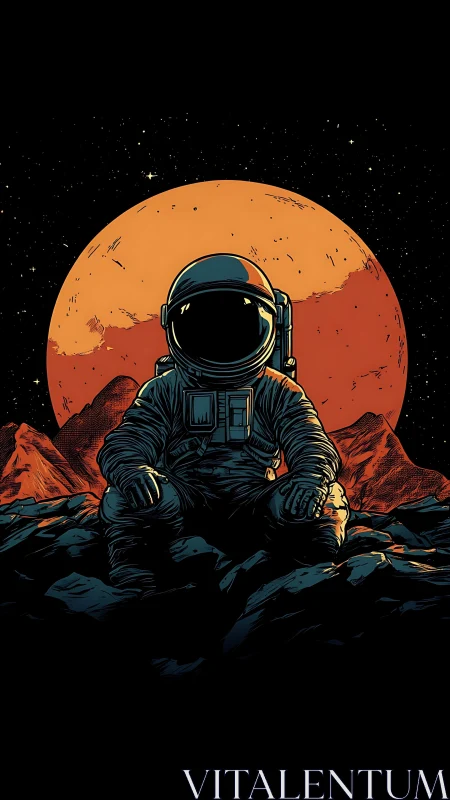 Solitary astronaut seated on rocky Mars landscape at night.