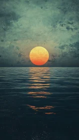 Textured orange sun over dark sea with reflective path.
