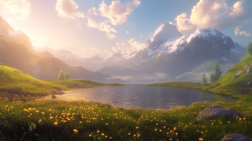 Sunlit alpine lake under snowcapped mountain peaks.