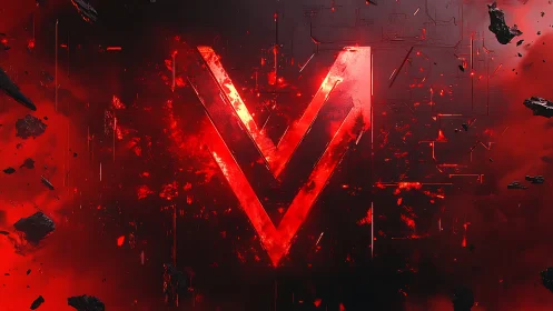 Volcanic V sigil blazing through fractured cosmic metal.