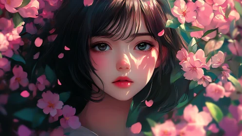 Blossom-drenched gaze of a springlit girl in quiet bloom.