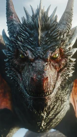 Dragon portrait dominates frame with razor detail and glare.