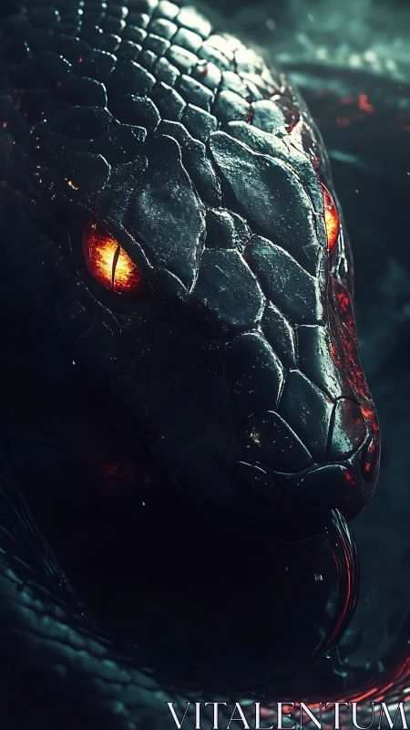 3D cinematic serpent portrait with molten ember eyes rendered.