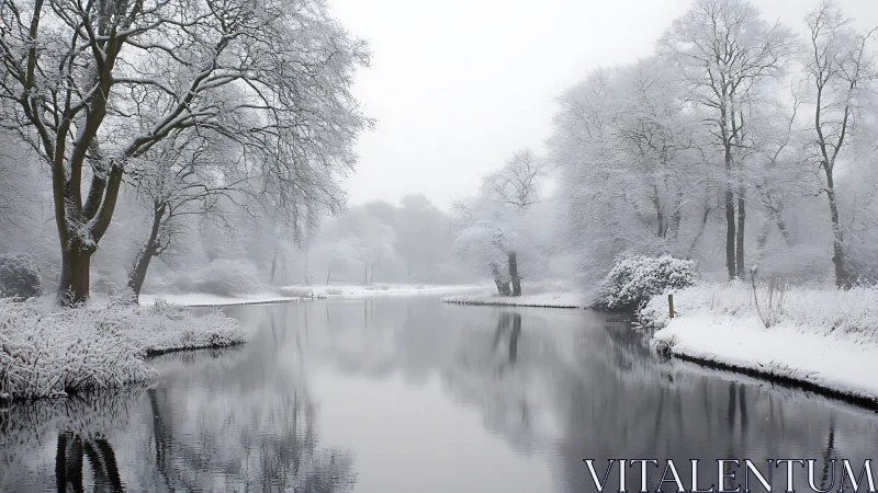 Winter river silence under soft mist and frosted trees.