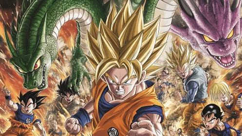 Dragon Ball anime heroes and dragons in intense battle scene