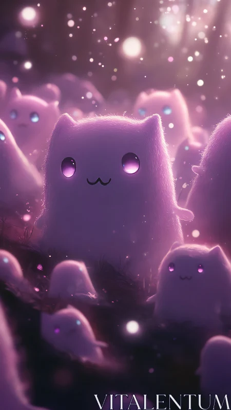 Glowing pastel cat spirits in dreamy purple forest night.
