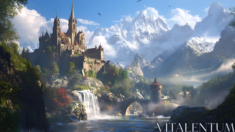 Mountain fortress above river, waterfall and stone bridge.