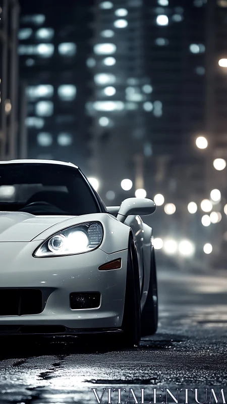 Midnight city drive with a sleek white sports car glow.