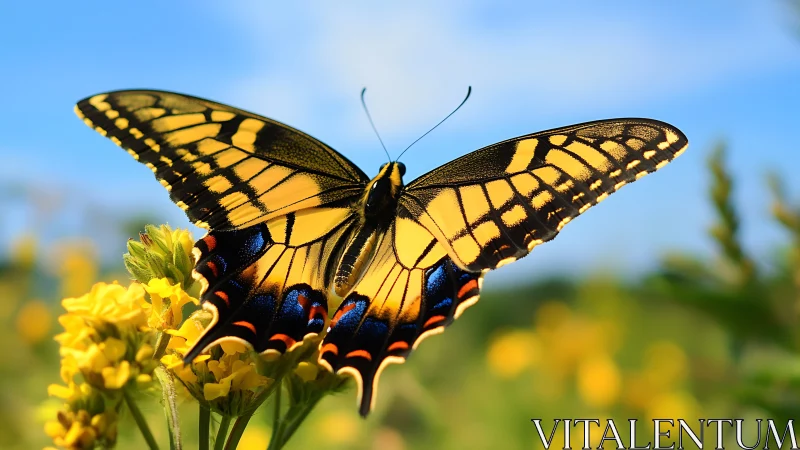 Sunlit swallowtail spreads painted wings above meadow gold