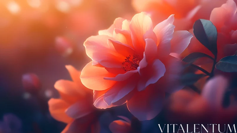 Luminous coral blossom in cinematic soft-focus bokeh glow.