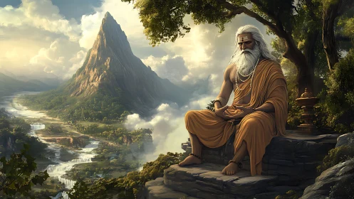 Mountain sage in golden meditation above celestial river valley.