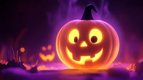 Glowing jack-o-lantern emits vibrant purple Halloween haze.
