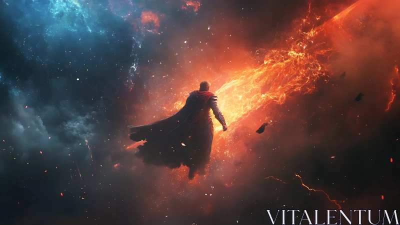 Fiery caped hero strides through cosmic storm and light