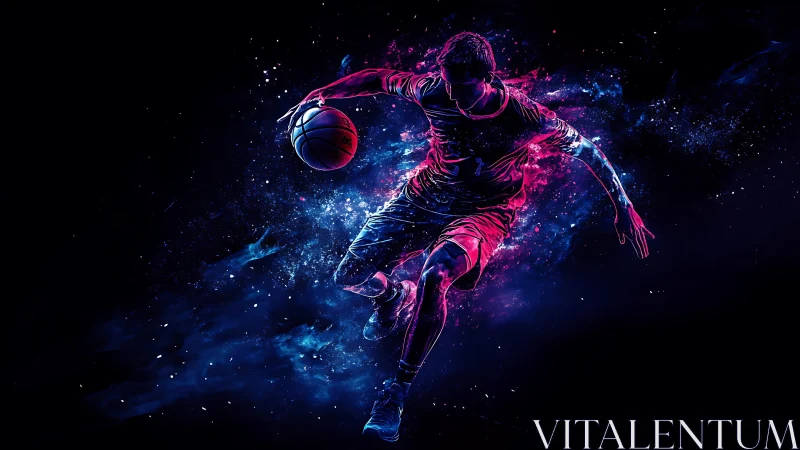 Dynamic neon basketball player in midair motion burst.