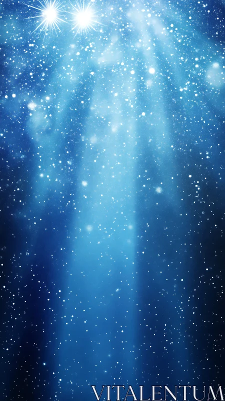 Blue starfield background with light beams and particle glow.