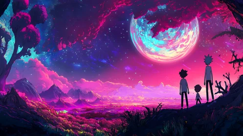 Vibrant alien landscape under large glowing moon at dusk.