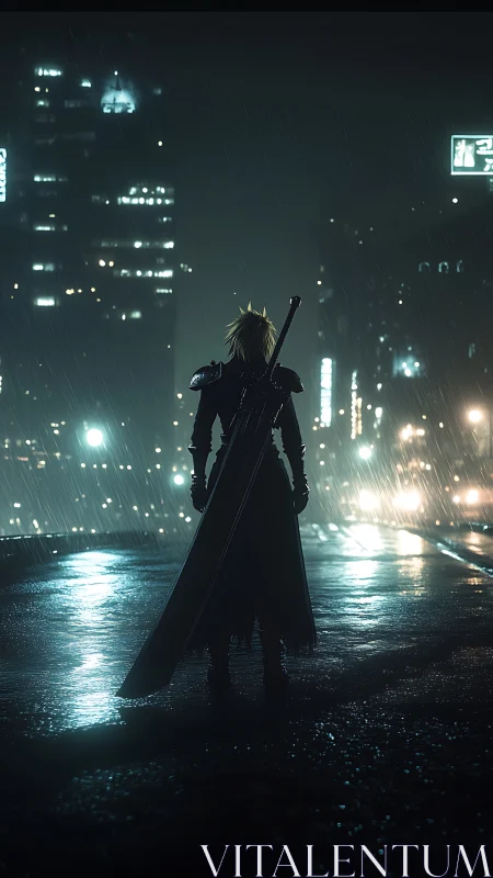 Stormlit warrior watches neon city lights in the rain