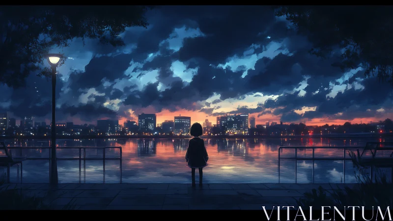 Solitary girl watches a glowing city skyline at dusk