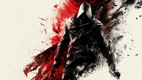 Hooded rogue warrior in red and black ink explosion art.