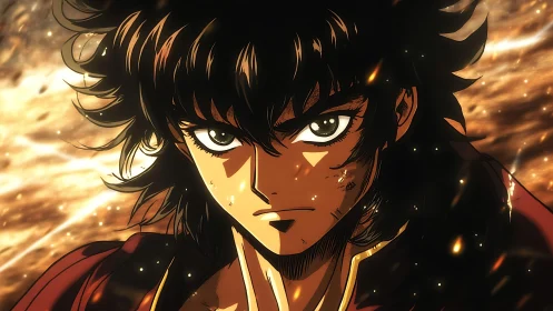 Determined anime warrior glares forward amid swirling embers