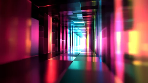 Futuristic Neon Tunnel with Vibrant Reflections in Abstract Style.