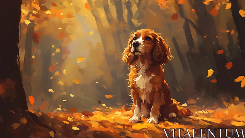 Canine subject in painterly autumn forest light scattering.