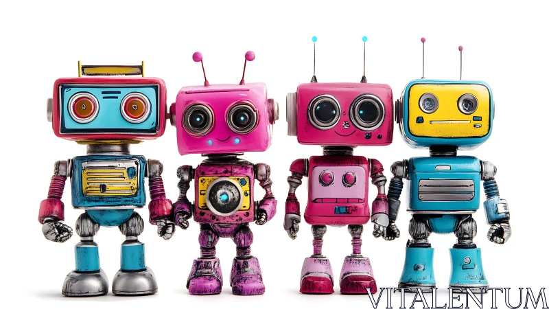 Playful quad of retro-styled toy robots in vivid colors.