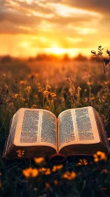 Open illuminated Bible rests in wildflower field at sunset