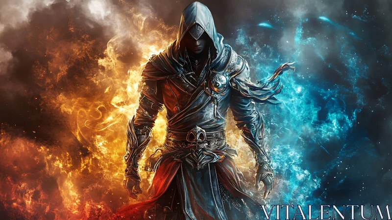 Hooded armored figure stands between opposing fire and ice fields