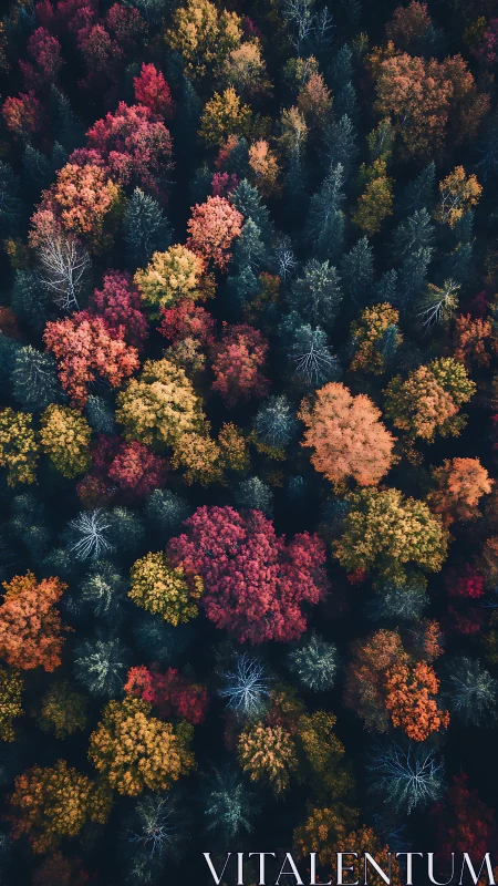 Dense autumn forest forms vivid aerial color mosaic