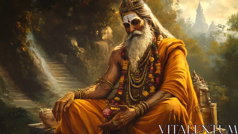 Serene sage in saffron robes rests amid temple garden light