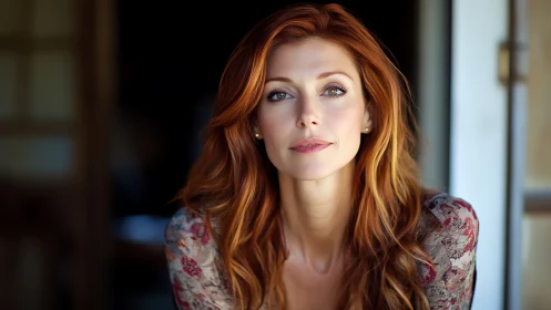 Portrait shows red haired woman in soft window daylight