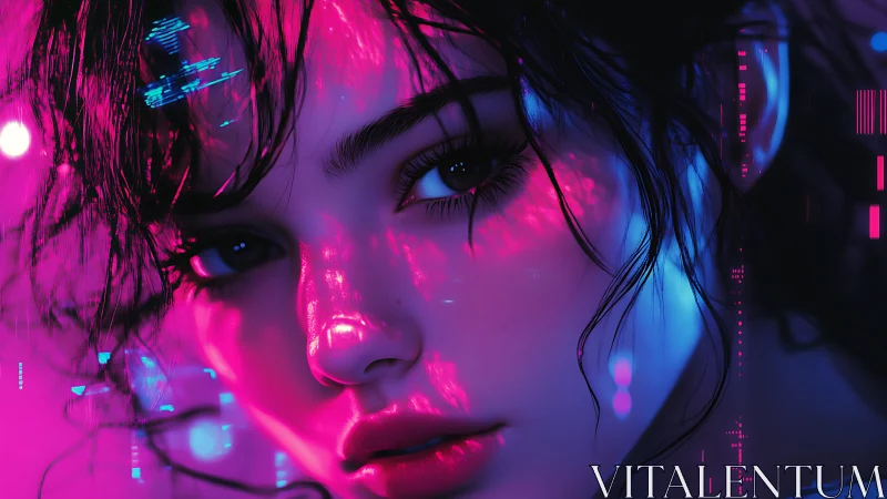 Digital portrait shows neon lit female face in close focus