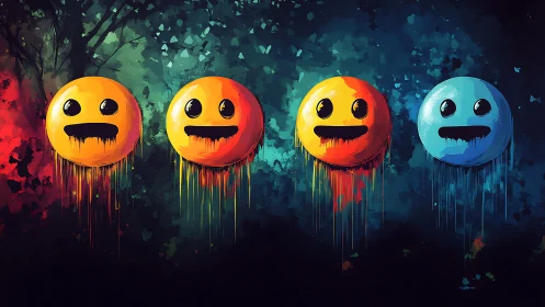 Vivid melting emoji faces drift across a neon twilight wall.
