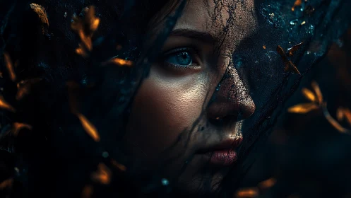 Dreamy blue-eyed portrait wrapped in midnight lace veil.