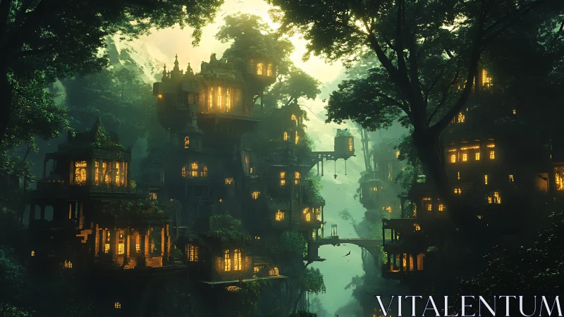 Luminous treehouse city suspended in dense misty forest.