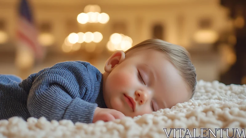 Sleeping infant in blue cardigan on textured blanket.