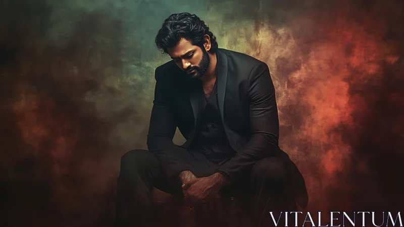 Low-key portrait isolates seated man against textured bokeh haze