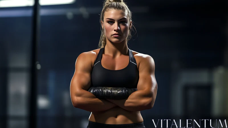 Muscular woman stands in gym environment with arms crossed
