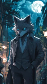 Anthropomorphic wolf detective under moonlit urban alleyway