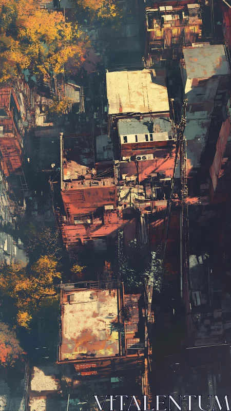 Rooftop view of dense urban blocks with mixed foliage presence.