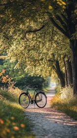 Bicycle Positioned on Tree-Canopied Gravel Pathway with Golden Dappled Light