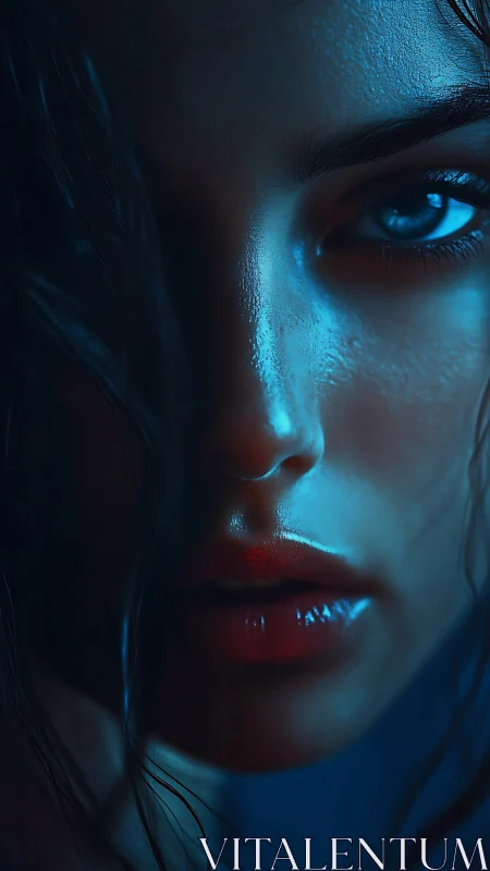 Close cropped female face in blue low key lighting, wet skin.