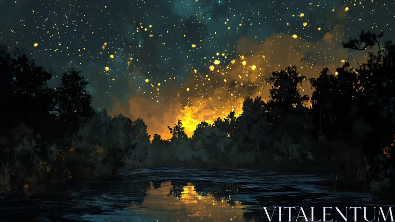 Starlit Glow Over Forest Lake at Twilight.