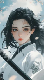 Calm swordswoman holds katana under bright spring sky