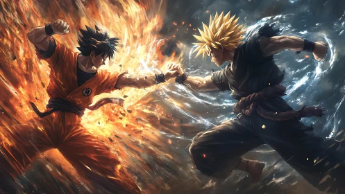 Fiery martial artist clashes with lightning warrior mid air