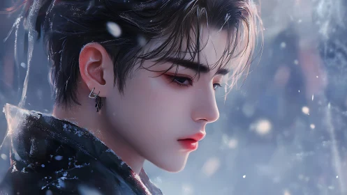 Side profile digital portrait of youth in diffuse snowfall